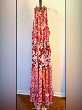 NWT Karma Highway Red Floral Tiered Maxi Dress with tie fringe accent One Size